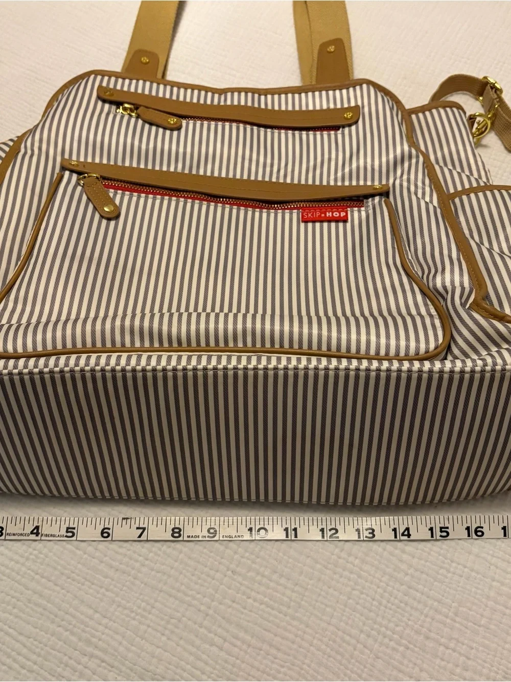 Skip Hop Grey & Cream Striped Gender Neutral Diaper Bag w Ubbi Changing Pad